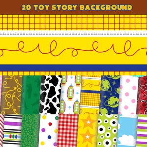 May include: A digital collection of 20 Toy Story background patterns featuring various designs including yellow grid, red rope, cow print, space rockets, planets, stars, red plaid, polka dots, green alien eyes, and blue sky with white clouds.