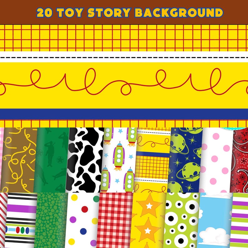 May include: A digital collection of 20 Toy Story background patterns featuring various designs including yellow grid, red rope, cow print, space rockets, planets, stars, red plaid, polka dots, green alien eyes, and blue sky with white clouds.
