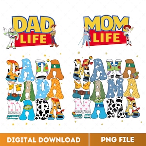 May include: Digital download featuring two designs with the text "DAD LIFE" and "MOM LIFE" in yellow and red, with cartoon characters. Below, the words "DADA" and "MAMA" are creatively designed with patterns and characters.