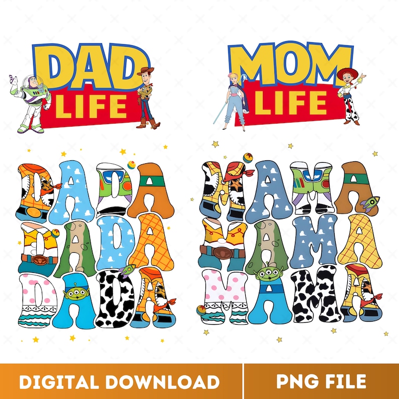May include: Digital download featuring two designs with the text "DAD LIFE" and "MOM LIFE" in yellow and red, with cartoon characters. Below, the words "DADA" and "MAMA" are creatively designed with patterns and characters.