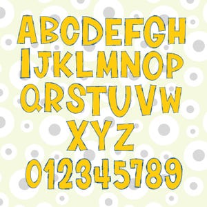 May include: A set of yellow capital letters from A to Z and numbers from 0 to 9, each featuring a dark blue sketched outline. The characters are arranged in rows against a pale yellow background patterned with light gray circles of varying sizes.