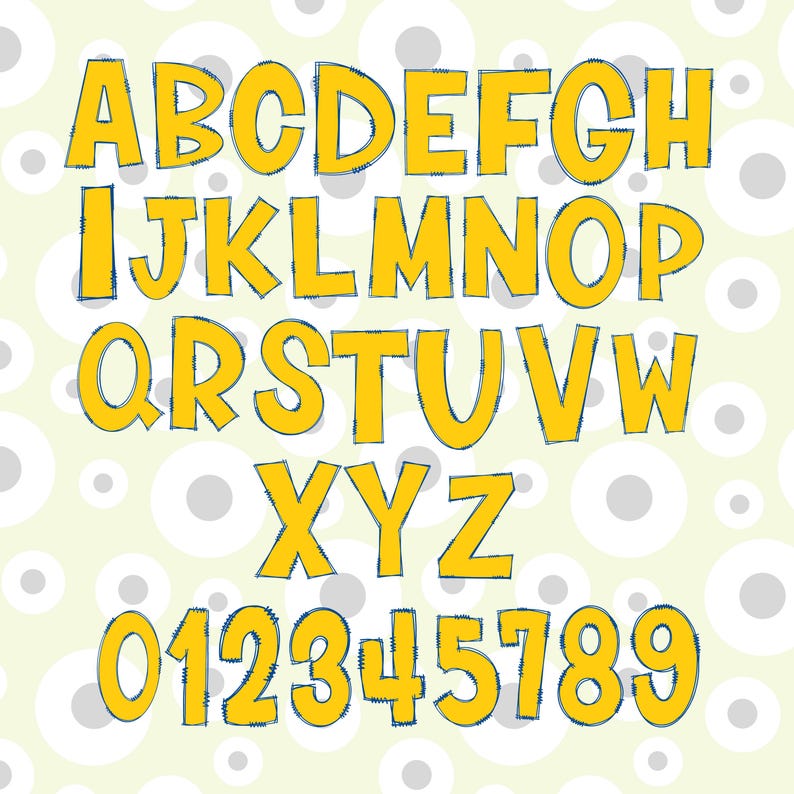 May include: A set of yellow capital letters from A to Z and numbers from 0 to 9, each featuring a dark blue sketched outline. The characters are arranged in rows against a pale yellow background patterned with light gray circles of varying sizes.