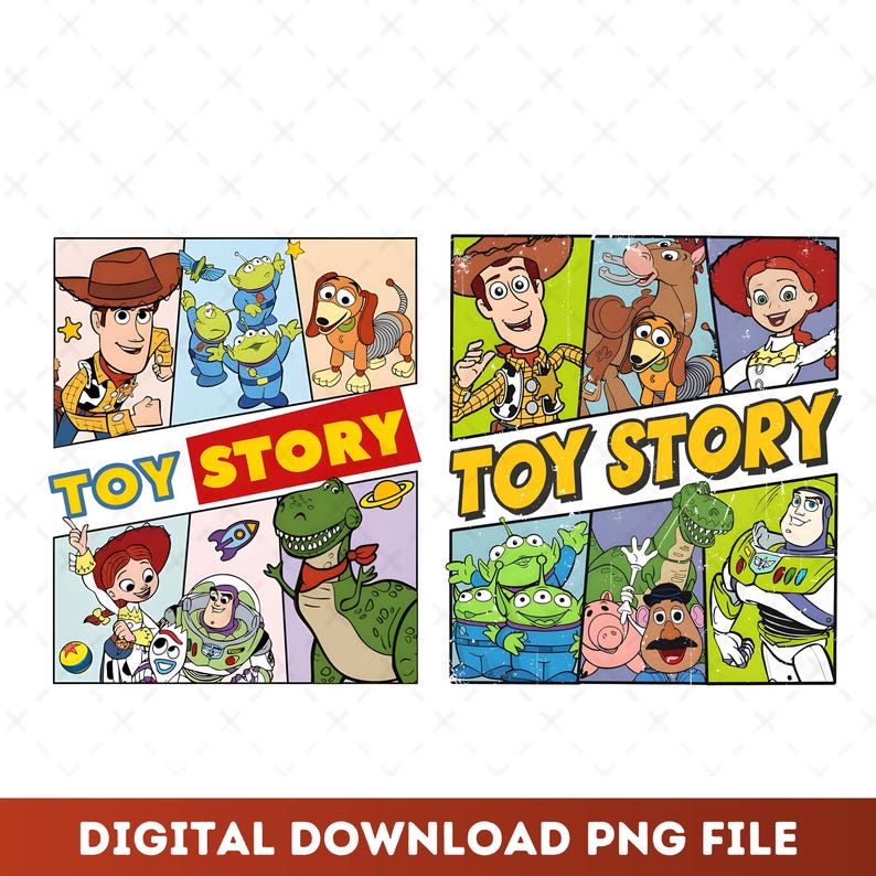 May include: A digital download of a comic book style image featuring characters from the Toy Story franchise. The image is divided into panels with a distressed, vintage look. The characters include Woody, Buzz Lightyear, Jessie, Rex, and the Aliens. The text "Toy Story" appears in red and yellow letters.