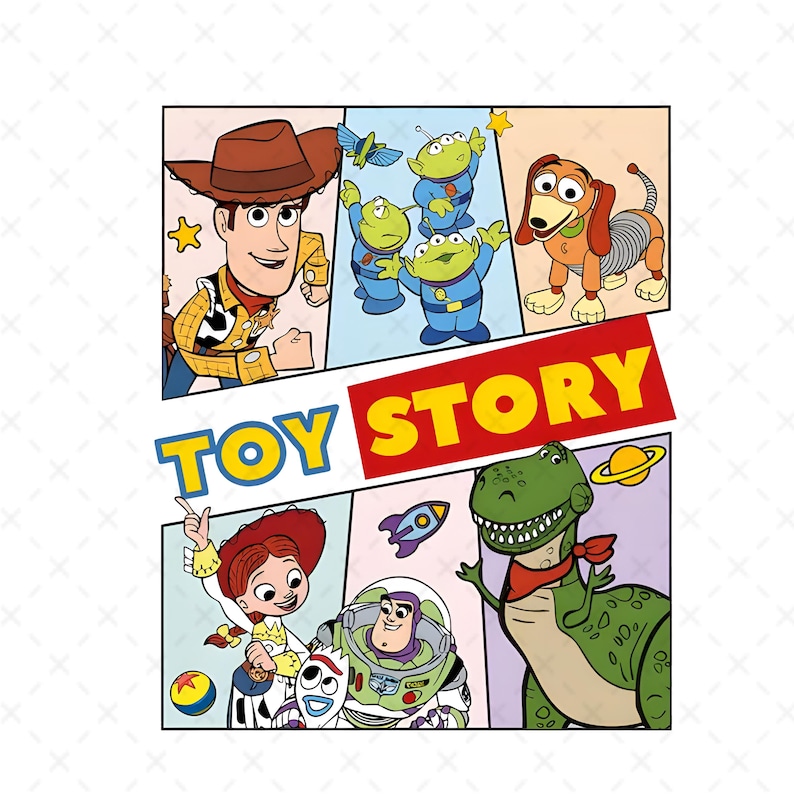 May include: A colorful comic book style illustration featuring characters from the Toy Story movie franchise. The illustration includes Woody, Buzz Lightyear, Rex, Jessie, and the aliens. The text "TOY STORY" is featured in large, bold letters.