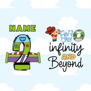 May include: A graphic design featuring the word NAME above a large number 2 styled like a space ranger suit with green, purple, and red accents. Next to it, the text TWO infinity AND Beyond features letters decorated with cowboy and space themes.