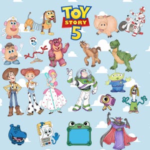 May include: A digital illustration featuring the Toy Story 5 logo surrounded by various characters including Woody, Buzz Lightyear, Jessie, Bo Peep, Rex, Slinky Dog, Mr. Potato Head, Hamm, Forky, Lotso, Bullseye, an Alien, and other animated figures.