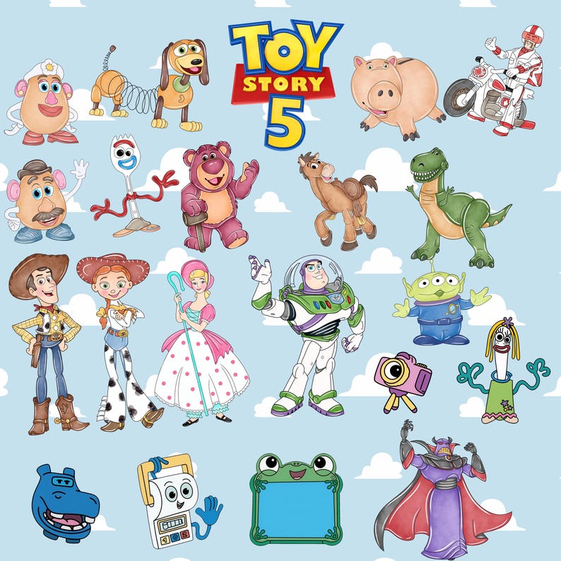May include: A digital illustration featuring the Toy Story 5 logo surrounded by various characters including Woody, Buzz Lightyear, Jessie, Bo Peep, Rex, Slinky Dog, Mr. Potato Head, Hamm, Forky, Lotso, Bullseye, an Alien, and other animated figures.