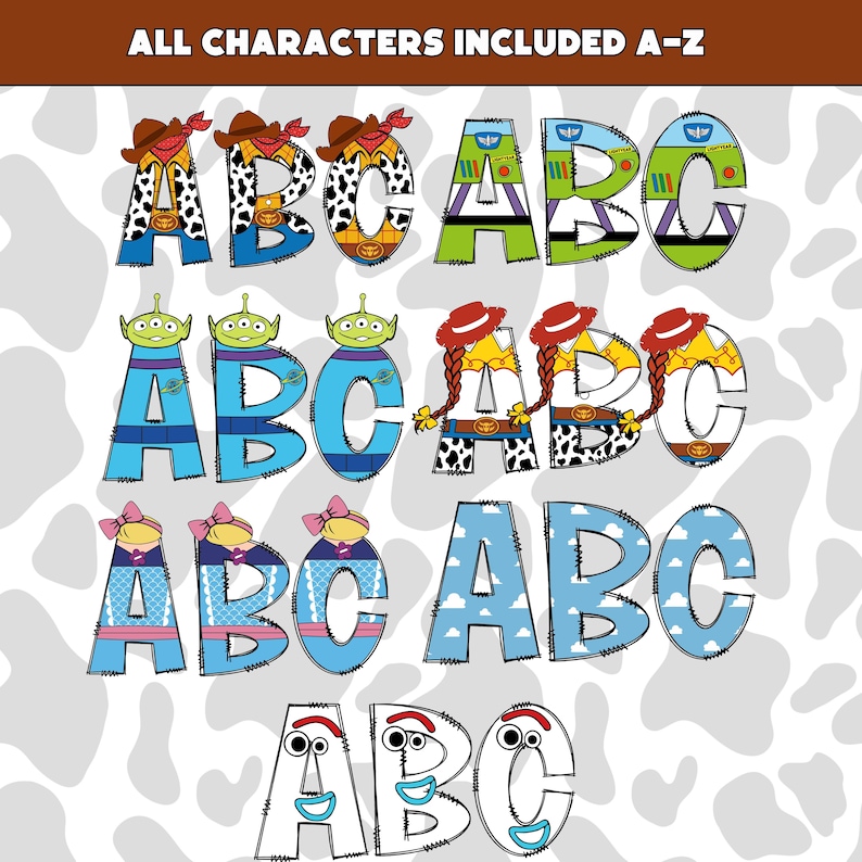 May include: A digital alphabet set featuring letters A, B, and C styled with various character-inspired patterns including cow print, space ranger suits, alien motifs, cowgirl outfits, mermaid scales, blue sky clouds, and a white character face design.