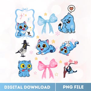 May include: A set of cartoon illustrations featuring blue cats in different poses, alongside bows, stars, and a bird. The image includes the text "DIGITAL DOWNLOAD" and "PNG FILE" at the bottom. The cats have yellow eyes and are surrounded by decorative elements.