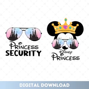 Op de afbeelding: Twee digitale ontwerpen met een silhouet van Mickey Mouse die een zonnebril draagt met een reflectie van een Disney-kasteel. Eén ontwerp zegt "Princess Security" en het andere zegt "Disney Princess".