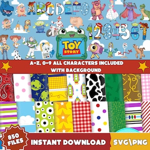 May include: A digital collection of Toy Story themed graphics featuring characters, alphabet letters A-Z, numbers 0-9, and various patterned backgrounds including polka dots, cow print, stars, and stripes with the text A-Z, 0-9 ALL CHARACTERS INCLUDED WITH BACKGROUND and 850 FILES INSTANT DOWNLOAD SVG PNG.