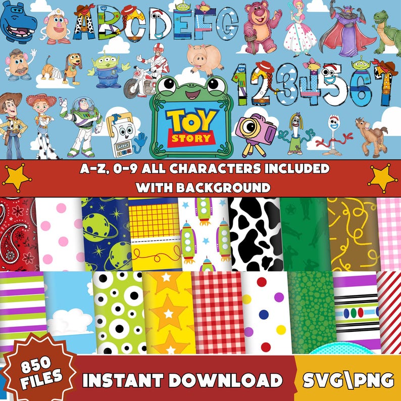 May include: A digital collection of Toy Story themed graphics featuring characters, alphabet letters A-Z, numbers 0-9, and various patterned backgrounds including polka dots, cow print, stars, and stripes with the text A-Z, 0-9 ALL CHARACTERS INCLUDED WITH BACKGROUND and 850 FILES INSTANT DOWNLOAD SVG PNG.
