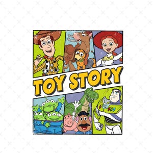 May include: A colorful comic book style illustration featuring characters from the Toy Story franchise. The characters include Woody, Buzz Lightyear, Jessie, Rex, Mr. Potato Head, and the Aliens. The title "TOY STORY" is written in yellow letters across the top of the image.