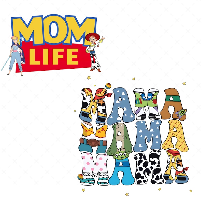 May include: A graphic design featuring the words "MOM LIFE" in yellow and red, with cartoon characters. Below, the word "MAMA" is repeated three times, each letter designed with a different pattern and character theme.
