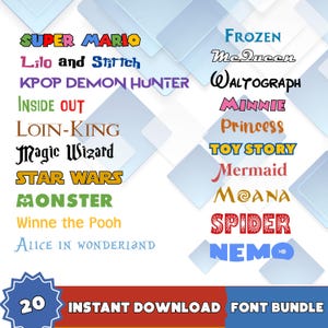 Op de afbeelding: Een digitaal grafisch ontwerp met 20 lettertypen, waaronder "Super Mario", "Star Wars" en "Toy Story". De lettertypen zijn in verschillende kleuren en stijlen, met de woorden "Instant Download Font Bundle" onderaan.