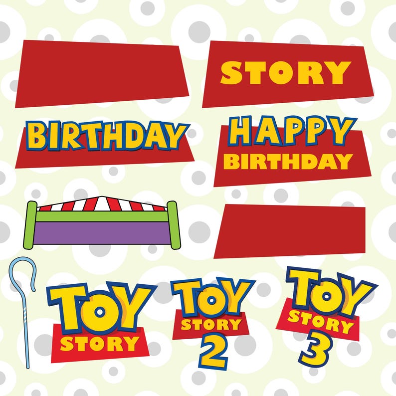 May include: A collection of graphic cutouts featuring red trapezoidal shapes, yellow text reading STORY, BIRTHDAY, HAPPY BIRTHDAY, TOY STORY, TOY STORY 2, and TOY STORY 3, a purple and green striped structure, and a blue shepherd's crook on a light background.