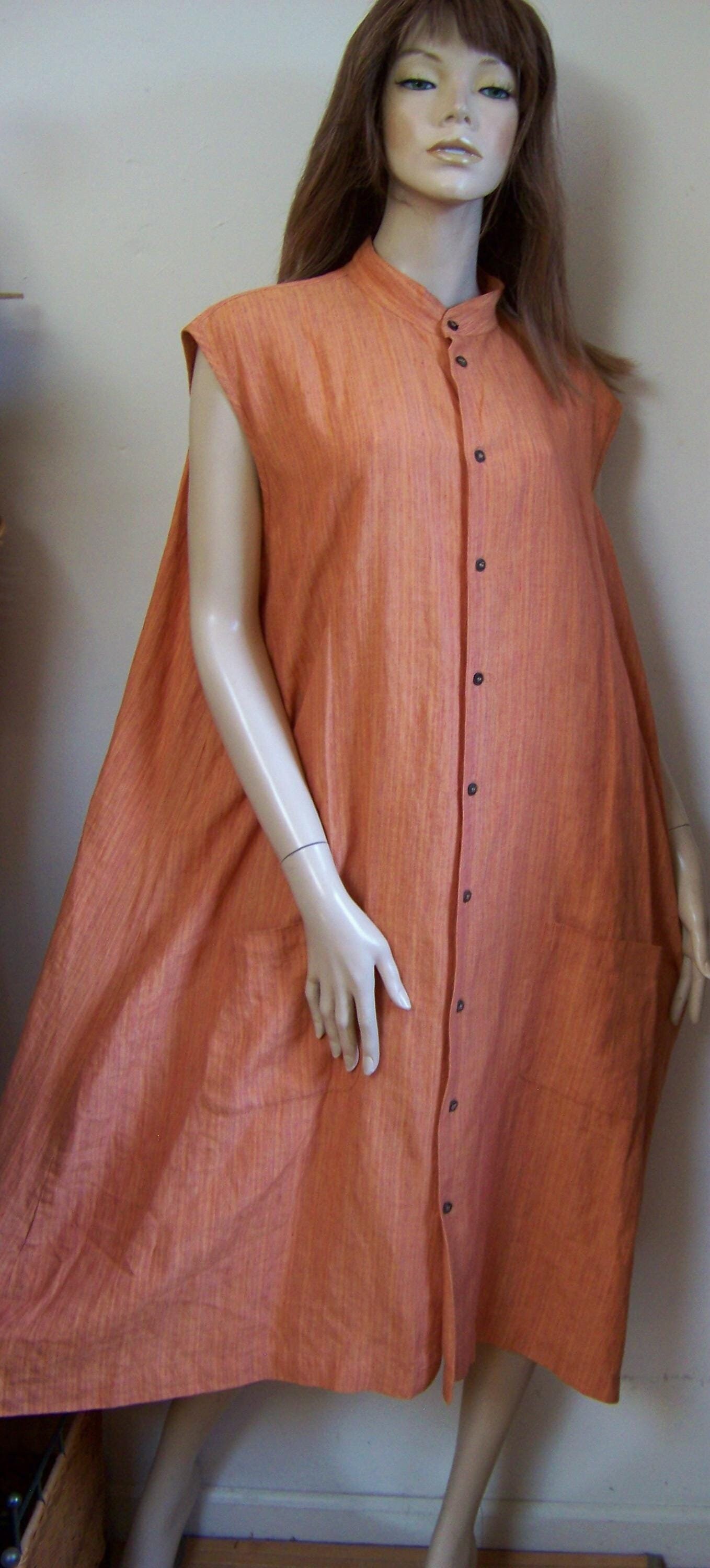 Eskandar SALE Orange Striated Linen Sleeveless Tunic/shirtdress, Mid Calf,  Size 3/XL - Etsy