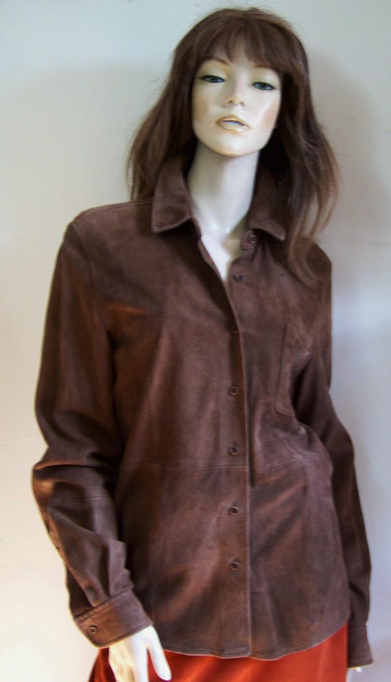 Façonnable, Vintage Hand washable Faconnable Brown goat leather button front Shirt jacket,L, fits M