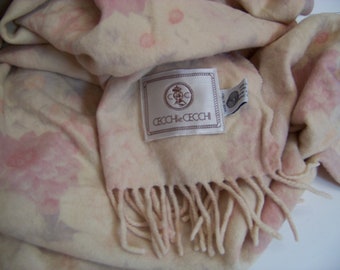 Vintage Cecchi e Cecchi Pale Cream with Pink Floral Wool Throw, Italy