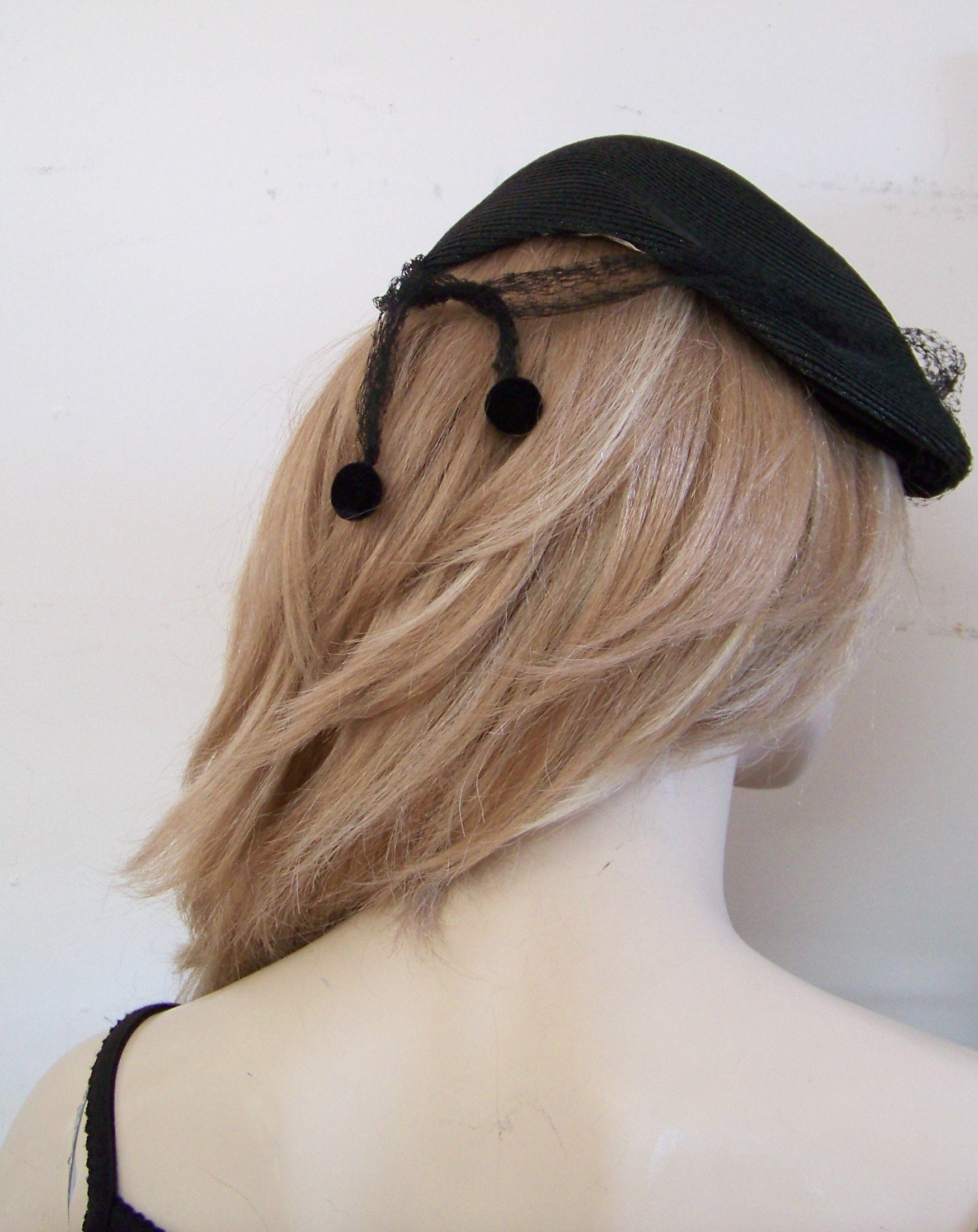 Vintage 50s Eva Mae Genuine Panama Straw Hat Fruit Net Veil Buy Vintage Eva Mae Circa 40s Black Straw W/net Veil, +  main image 2