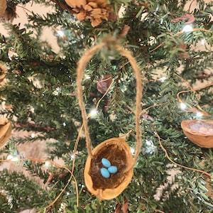 May include: A Christmas tree decoration showing a walnut shell nest with three small blue eggs. The nest hangs from a twine loop, surrounded by evergreen branches, pine cones, and warm white lights.