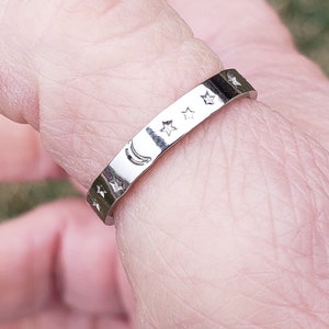 Hand-Stamped Moon Star Ring • Celestial Stainless Steel Band (3mm)