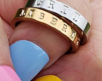 Hand Stamped Stainless Steel Ring: Personalized Word Band