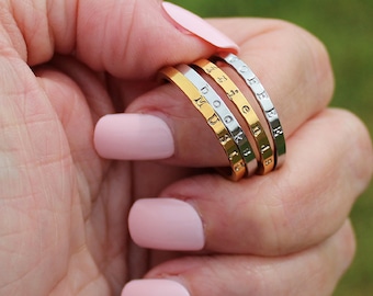 Custom Text Ring · Gold or Silver Lowercase Name Band · Dainty 2mm Stacking Ring · Minimalist Word Jewelry · Bestie Gift Ring Stacker Band