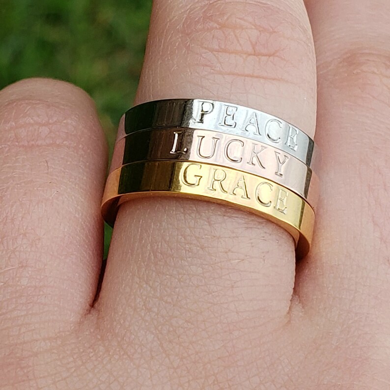 Petite Stacking Ring Word Rose Silver Gold Stainless Steel Personalized Ring Name Ring Stack Ring Stackable Custom Ring Mantra Bible Verse