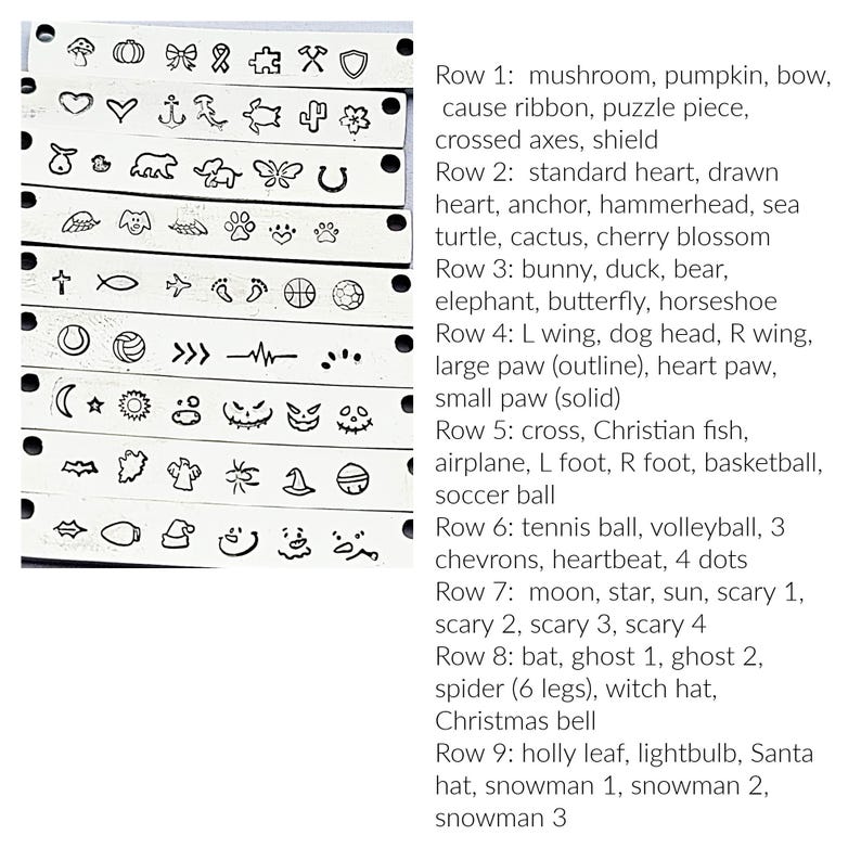 May include: Close-up of nine metal bars with various stamped designs. The designs include a mushroom, heart, cross, and a snowman. Text next to the bars lists the designs. These bars are likely used for jewelry making or crafting.