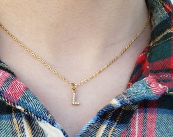 Pave Initial Necklace: Stainless Steel CZ Charm, Gold Tone