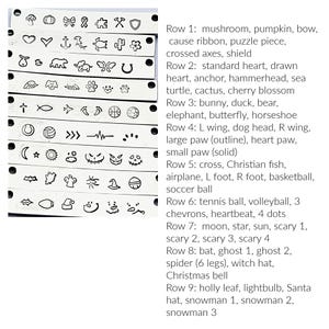 May include: A collection of nine rectangular metal stamping bars, each featuring a series of engraved black icons including animals, holiday symbols, sports equipment, and nature motifs, arranged in rows with small circular holes at the ends.