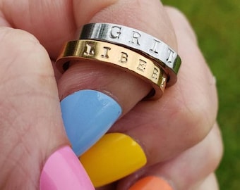 Hand Stamped Mantra Ring – Personalized Silver or Gold Stacking Band