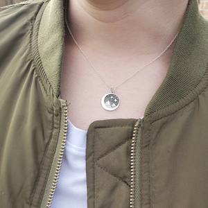 Sterling Silver Mountain Moon Necklace: Night Stars Camping Charm