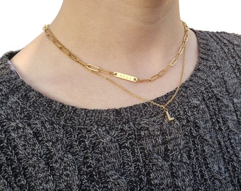 Layered Necklace Set: Gold Paperclip Chain & Initial Pendant, Personalized Jewelry