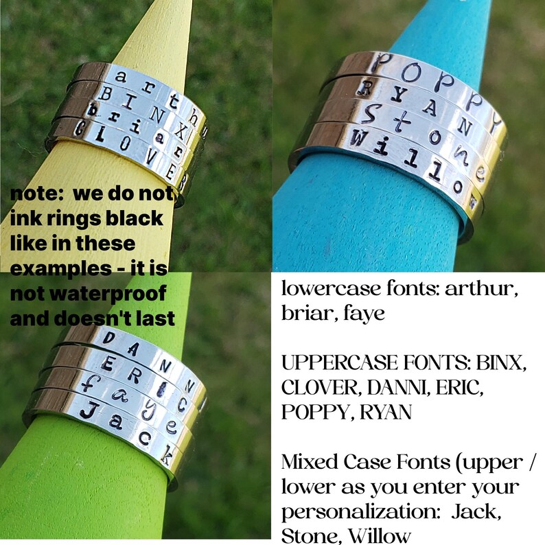 Puede incluir: Primer plano de un anillo de plata con m&uacute;ltiples bandas. Cada banda tiene un nombre diferente grabado, incluyendo Poppy, Ryan, Stone, Willow, Jack, Eric, Faye, Danni y Binx. Los nombres est&aacute;n en diferentes fuentes, incluyendo min&uacute;sculas, may&uacute;sculas y may&uacute;sculas y min&uacute;sculas.