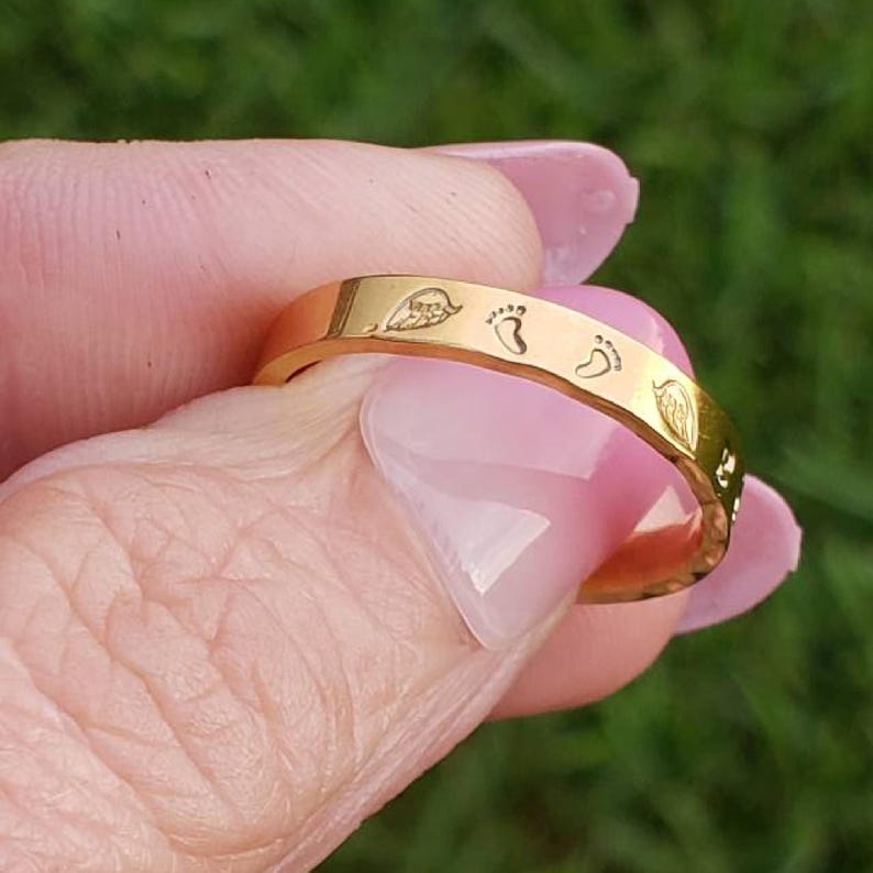 Infant Loss Memorial Ring - Personalized Baby Feet and Angel Wings Band image 1