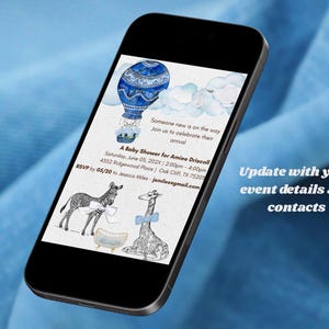 Convite para chá de bebê - Animado "Alguém Novo" | Download digital | Convite azul para bebê menino. \Download instantâneo ecológico e personalizável!