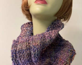 Handknit Wool Neckwarmer, Purple Plum Ribbed Cowl