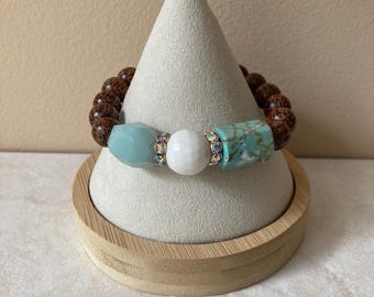 Aqua Amazonite Gemstone & Wood Stacking  Bracelet, White Agate Turquoise Magnesite Layering Bracelet