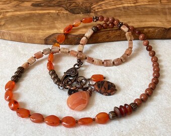 Multi Gemstone Charm Necklace, Carnelian Sunstone Goldstone & Copper Beaded Front Clasp Lariat, Bohemian Style Jewelry