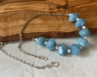 Blue Angelite Nugget Chain Necklace, Rough Gemstone 18” Choker