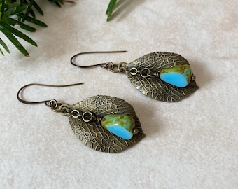 Brass Leaf & Bead Bohemian Earrings, Rustic Dangle Earrings with Blue Czech Glass Drops