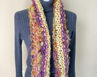 Boho Hand Knitted Scarf,  Wool & Mohair Handspun Art Yarn Scarf with Fringe