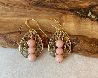 Pink Beaded Drop Earrings, Gold Lattice Teardrop Earrings with Shell Pink Beads