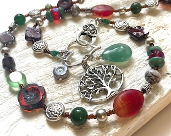 Tree of Life Charm Necklace, Multicolored Czech Glass Beaded Necklace