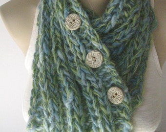 Hand Knit Wool Neck Warmer, Blue & Green Scarf with Buttons