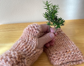 Hand Knit Fingerless Gloves, Apricot Wool Mitts