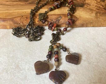 Jasper and Unakite Necklace, Beaded Chain Leaf Necklace, Autumn Fall Jewelry