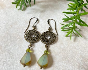 Filigree Brass Czech Bead Earrings, Bohemian Glass Drop Earrings
